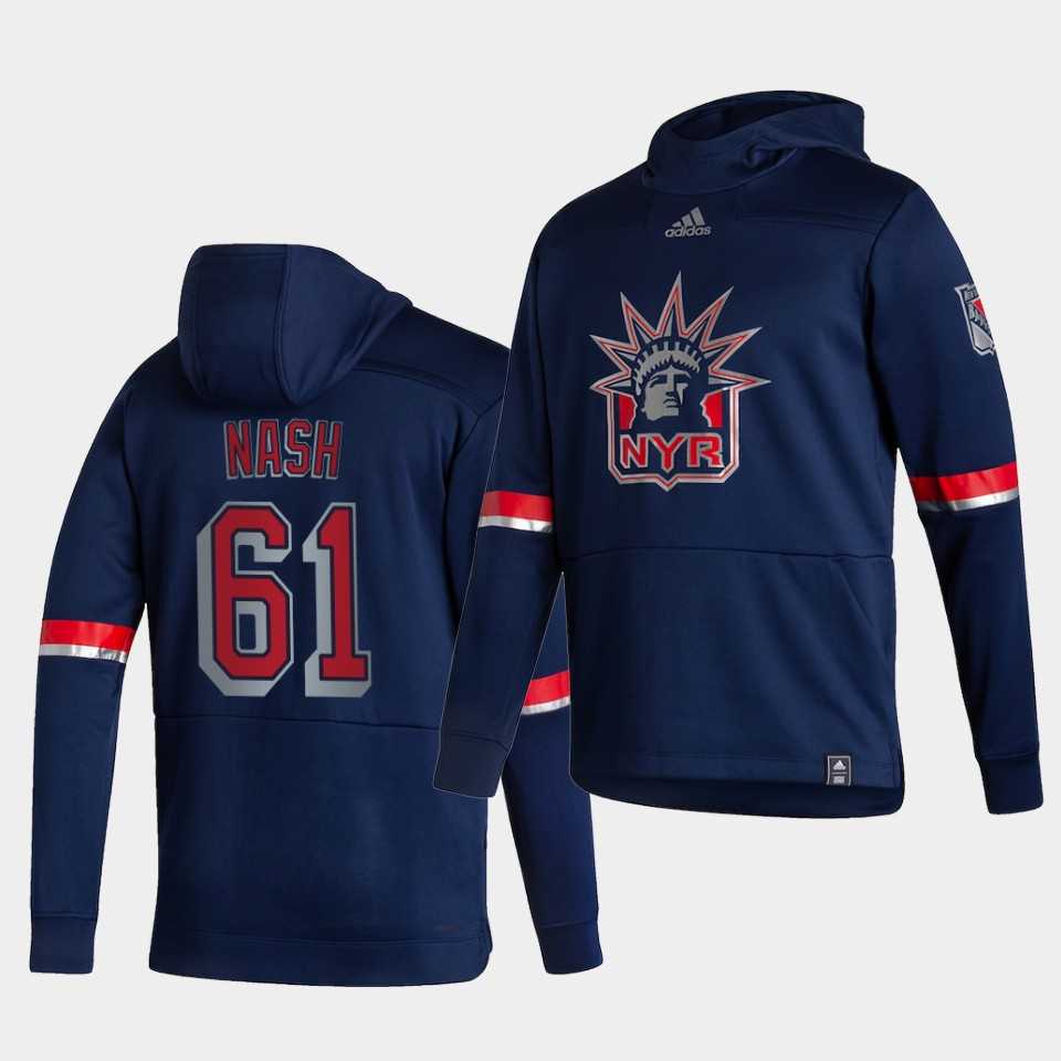 Men New York Rangers 61 Nash Blue NHL 2021 Adidas Pullover Hoodie Jersey